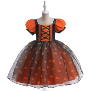 Halloween Costume for Girls Cosplay Performance Dress with Puff Sleeves and Tulle Skirt