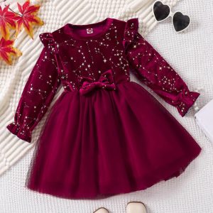 Girls' Dress Spring Autumn Fashionable Children's Princess Dress with Star Print Velvet Dress
